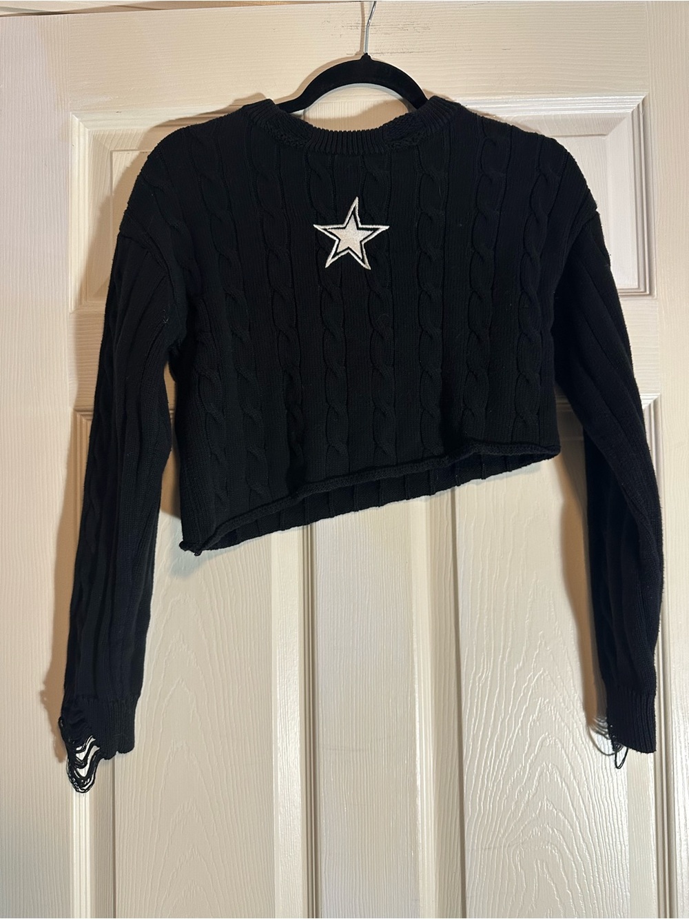 BDG Black Cropped Cable-Knit Sweater with White Star Patch